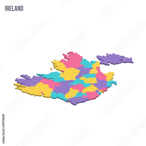 Ireland political map of administrative divisions - counties and cities. Colorful isometric blank vector map.