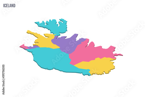 Iceland political map of administrative divisions - regions. Colorful isometric blank vector map.