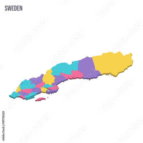 Sweden political map of administrative divisions - counties. Colorful isometric blank vector map.