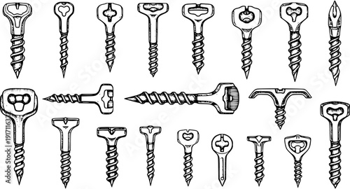 Hand-Drawn Screws  Fasteners: Detailed Sketch Illustration of Various Screw Types for DIY, Construction, and Hardware Concepts