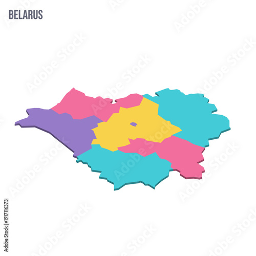 Belarus political map of administrative divisions - regions and one autonomous city. Colorful isometric blank vector map.