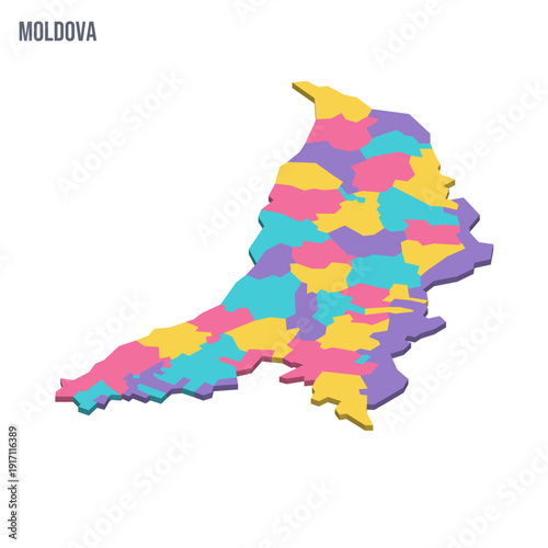 Moldova political map of administrative divisions - districts, municipalities and two autonomous territorial units - Gaugazia and Left Bank of the Dniester. Colorful isometric blank vector map.