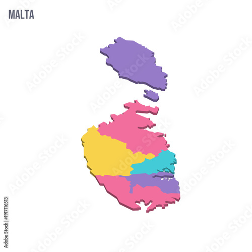 Malta political map of administrative divisions - regions. Colorful isometric blank vector map.