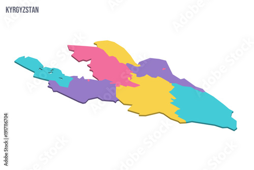 Kyrgyzstan political map of administrative divisions - regions and independent cities of Bishkek and Osh. Colorful isometric blank vector map.