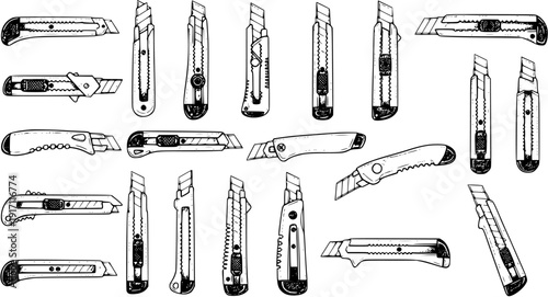 Hand-drawn Sketch Collection of Utility Knives and Box Cutters. A Set of Various Stationery and Craft Knives with Snap-off Blades in Black and White Doodle Style.