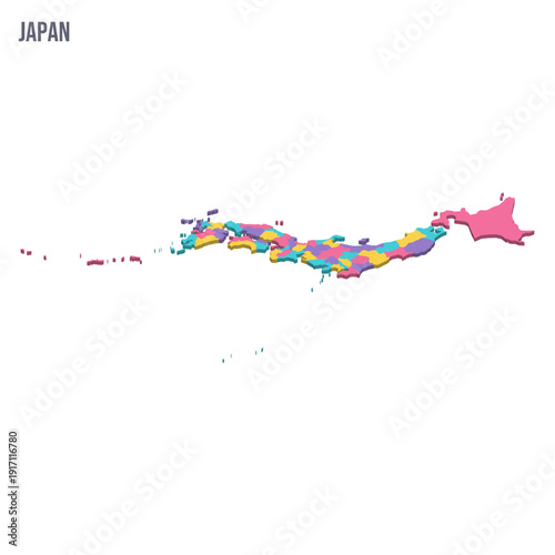 Japan political map of administrative divisions - prefectures, metropilis Tokyo, territory Hokaido and urban prefectures Kyoto and Osaka. Colorful isometric blank vector map.