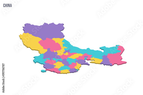 China political map of administrative divisions - provinces, autonomous regions and municipalities. Colorful isometric blank vector map.