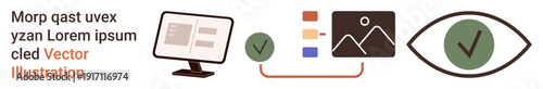 Digital marketing, content creation, data approval, verification system, media evaluation, quality control. Set of icons showing a computer, an eye symbol, color palette and document checkmark