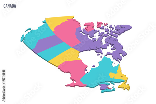 Canada political map of administrative divisions - provinces and territories. Colorful isometric blank vector map.
