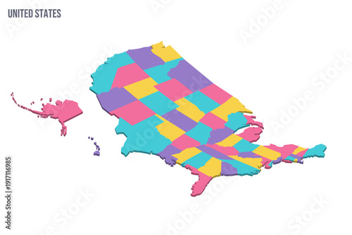 United States of America political map of administrative divisions - states and federal district Washington, D.C. Colorful isometric blank vector map.