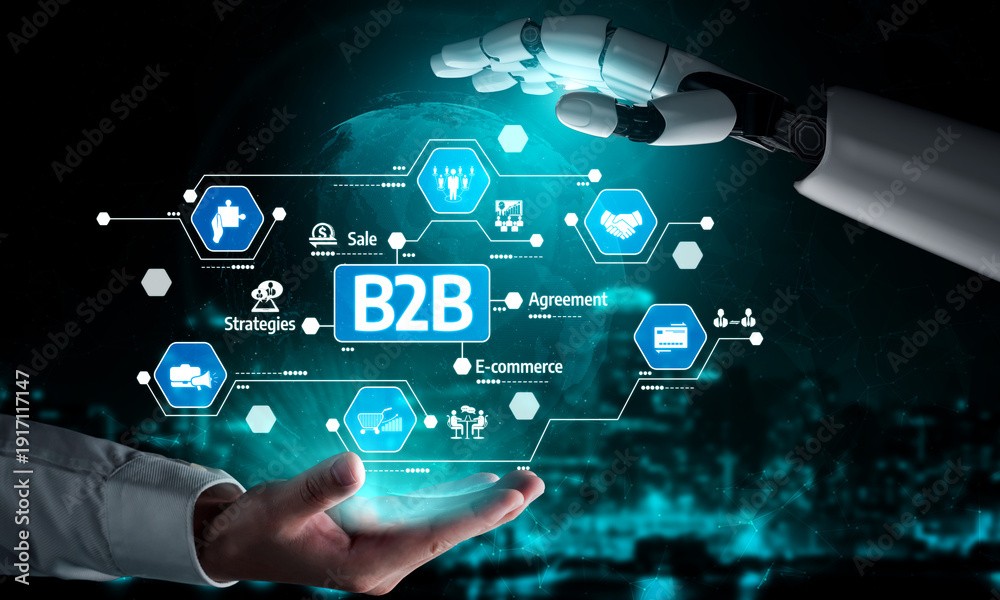 Fototapeta premium A captivating image illustrating a robotic hand reaching out to a human hand, symbolizing the digital transformation in business-to-business interaction and commerce. Tessel