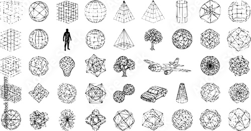 Hand-Drawn Wireframe 3D Geometric Shapes Collection with Abstract Forms and Objects for Science, Technology, Math, and Design Concepts