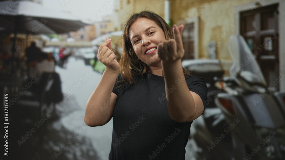 Fototapeta premium Woman making finger heart with fingers and hands while standing on a street terrace at a restaurant; playful affection.