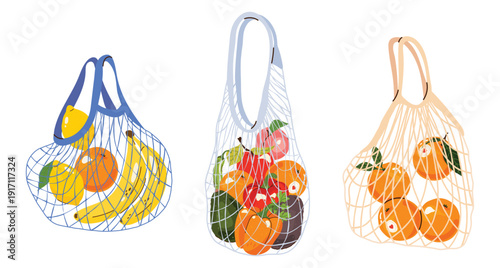 Set of eco-friendly market bags with fresh fruits and vegetables. Reusable shopping bags filled with oranges, bananas, avocado and apples. Zero waste lifestyle, healthy food and sustainable shopping 