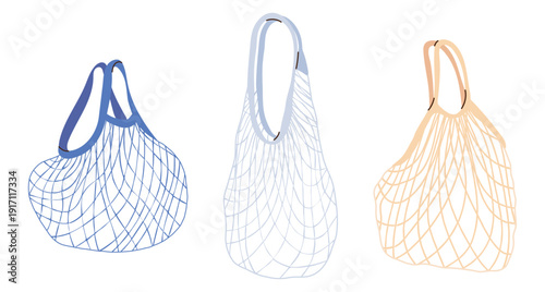 Set of eco friendly reusable mesh market bags isolated on white. Zero waste shopping concept, sustainable lifestyle accessory, cotton net grocery bags for plastic free everyday use.