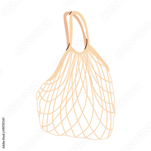 Eco friendly reusable mesh market bag isolated on white. Zero waste shopping concept, sustainable lifestyle accessory, cotton net grocery bags for plastic free everyday use.