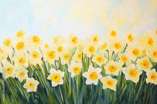 A field of daffodils painted in the warm, slanted light of late afternoon. The background is a soft gradient wash of pale sky blue melting into a band of hazy gold at the horizon.