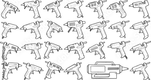 Seamless Pattern of Hand-Drawn Hot Glue Guns in Outline Style - Vector Illustration for Craft, DIY, and Industrial Workshop Tool Backgrounds