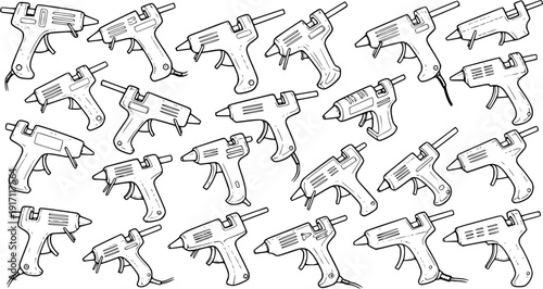 Seamless Pattern of Hand-Drawn Hot Glue Guns. Black and White Line Art Background for Crafting, DIY, and Creative Projects.