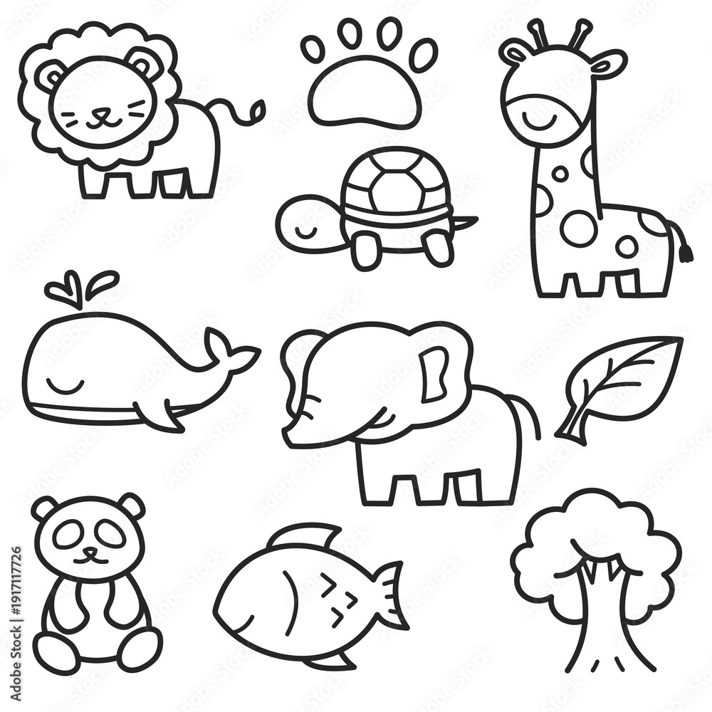 Obraz premium World Wildlife Day Cute Animal Doodle Icon Set Black and White Line Art