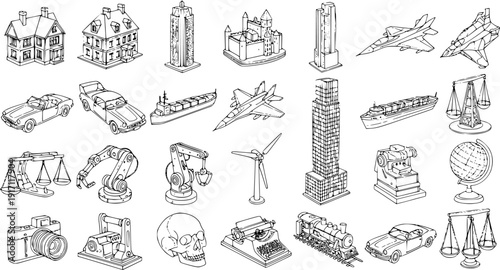 Line Art Icons: Buildings, Vehicles, Machines, and More, a Hand-Drawn Collection