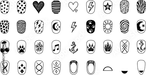 Nail Art Designs: Hand-Drawn Black  White Icon Set for Manicures