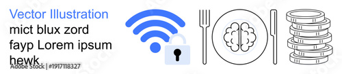 Cybersecurity, online privacy, data access, smart technology, health, nutrition. wireless signal with lock, brain outline utensils stack of coins. Cybersecurity and online privacy imagery