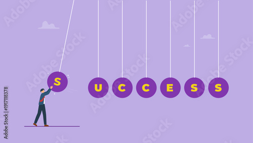 Businessman with success word on balancing balls newtons cradle, success and business concept.