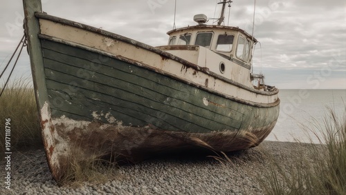 Old abandoned fishing boat resting on a pebble beach by the sea.