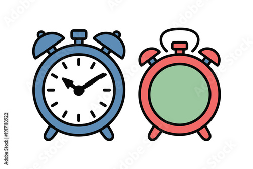 Two colorful cartoon alarm clocks show different times against a white.