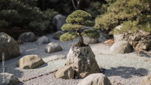 Zen Garden with Bonsai Tree and Raked Gravel.