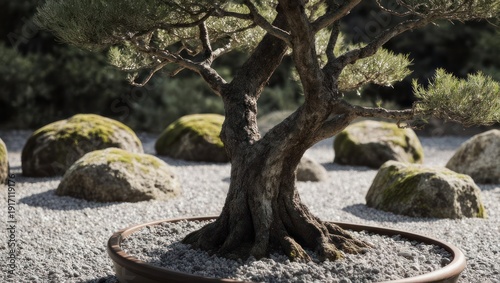 Zen Garden Bonsai Tree with Mossy Rocks and Gravel.
