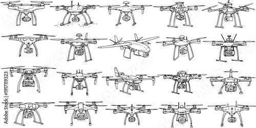 Collection of diverse drone models and UAV types, including quadcopters and hexacopters, presented as detailed line art illustrations and sketches.