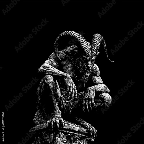 Hand-drawn vector illustration of a crouching satanic figure with massive curved horns, muscular anatomy, and dark gothic texture. Isolated on black background, dramatic engraving style.