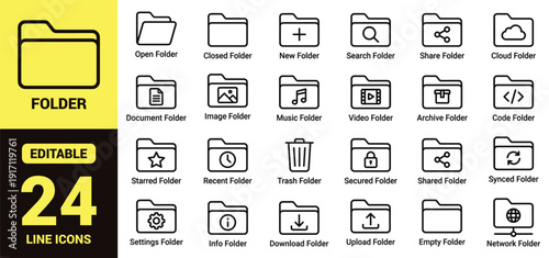 Folder icons set line style with file management symbols, open folder, cloud folder, secured folder, document, media, archive and network storage outline collection