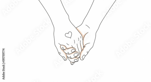 A minimalist line art illustration of two hands clasped together with a heart on one palm