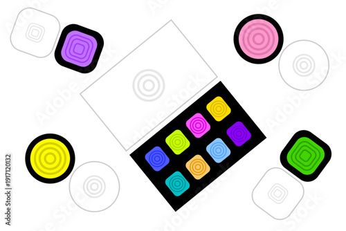 Colorful eye shadow are arranged on a table with a box and various round palettes in different colors