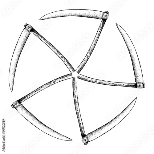 five vintage scythes arranged in a circular radial composition, forming a symbolic wheel shape. Detailed engraving style with fine linework and monochrome shading, isolated on light background.