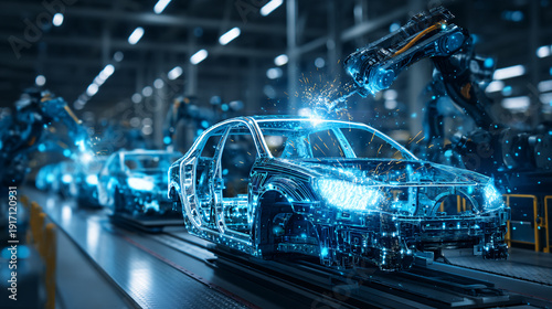 Automobile assembly line with robotic arms and digital hologram car model.