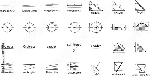 Technical Drawing Dimensioning Symbols Chart: Engineering and Architectural Drafting Conventions, including Linear, Angular, Radular, Ordinate, Leader, and Datum Lines.