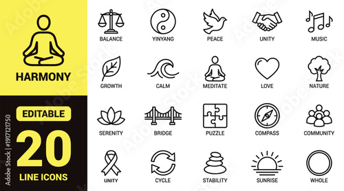 Harmony icon set with balance, yin‑yang, peace dove, unity handshake, growth leaf, meditate pose, serenity lotus, sunrise, stability stones, and essential harmony ranking symbols in line‑art style