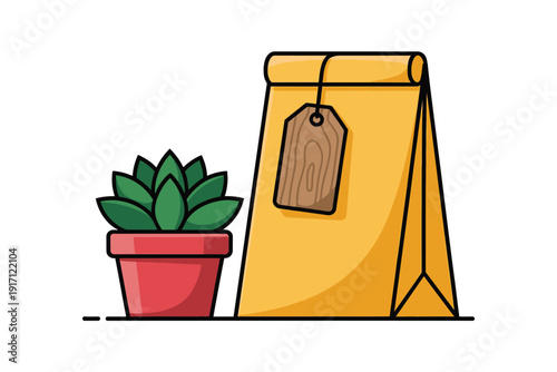 Potted succulent plant sits beside a blank brown paper gift or shopping bag.