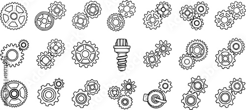 Gear Set Line Art: Steampunk Mechanical Elements Vector Illustration