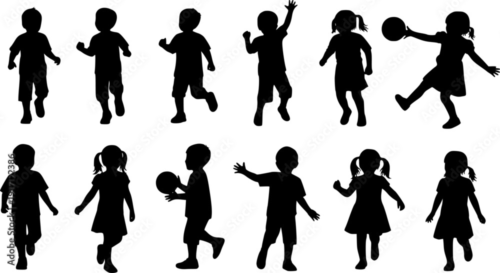 Obraz premium Collection of children silhouettes boys and girls set, vector illustration
