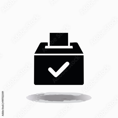Front view of a solid black ballot box with a white checkmark on a white background, casting a subtle gray shadow, representing voting and democracy in a minimalist graphic illustration