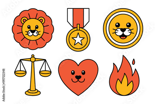 Collection of diverse cartoon symbols representing strength, justice, love,.