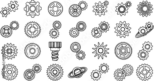 Gear  Cogwheel Vector Set: Technical Design Elements for Engineering, Mechanics, and Technology Projects (Outlined Style)