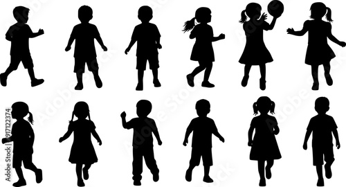 Collection of children silhouettes boys and girls set, vector illustration