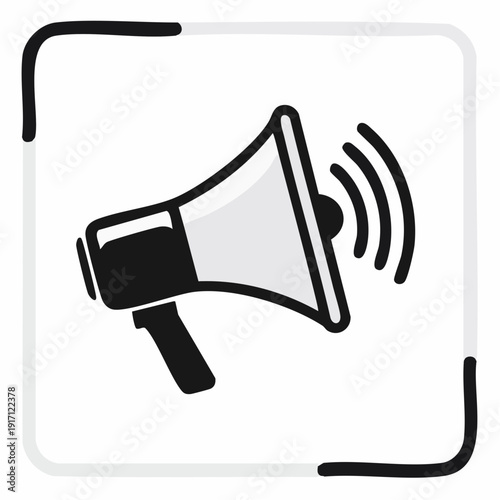 Centered black‑and‑white megaphone illustration announcing a message, viewed from a frontal perspective with sound wave lines, simple graphic design on a clean white backdrop