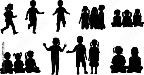 Collection of children silhouettes boys and girls set, vector illustration